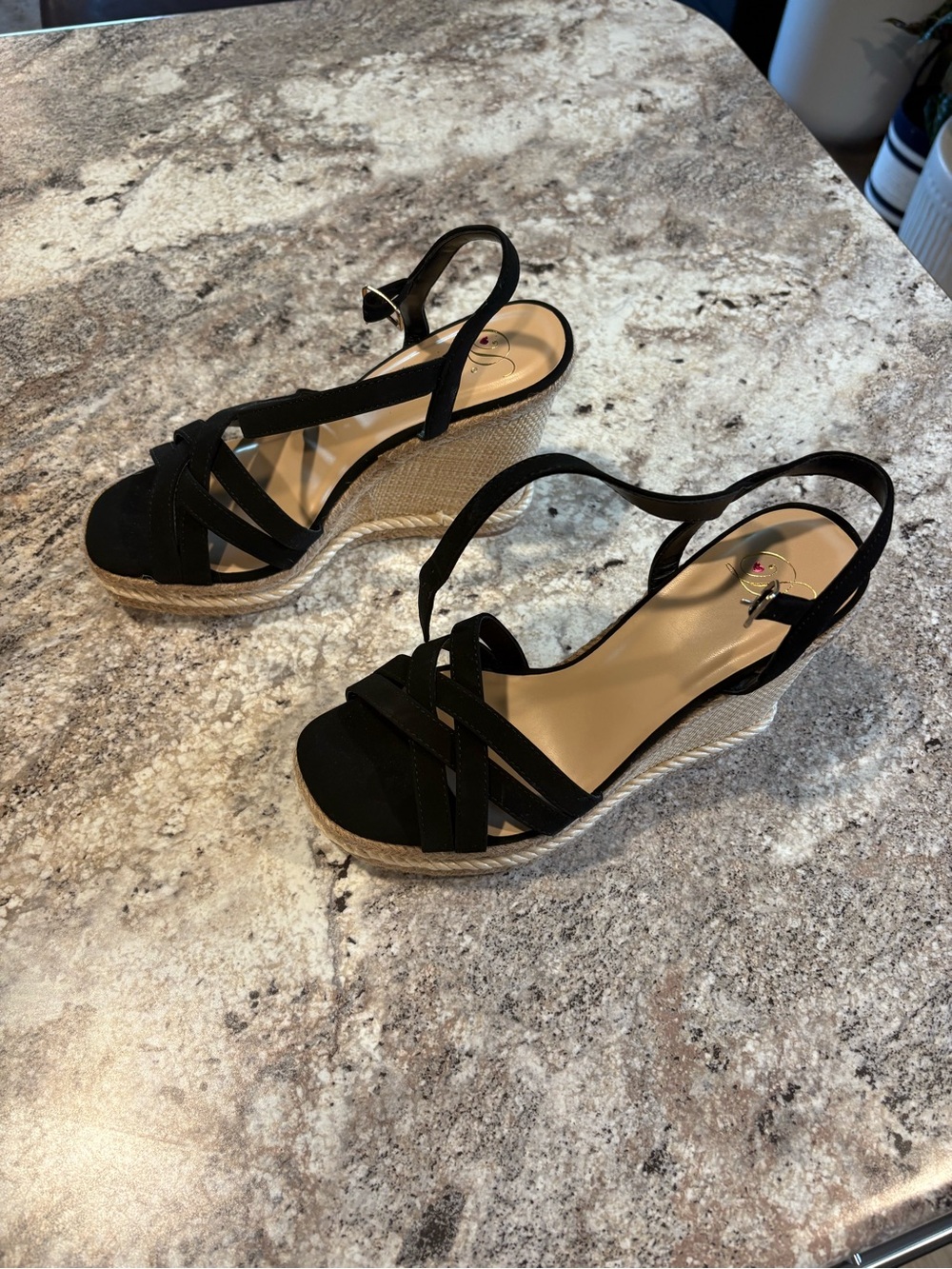 Pink Lily Black Espadrille Wedge Sandals